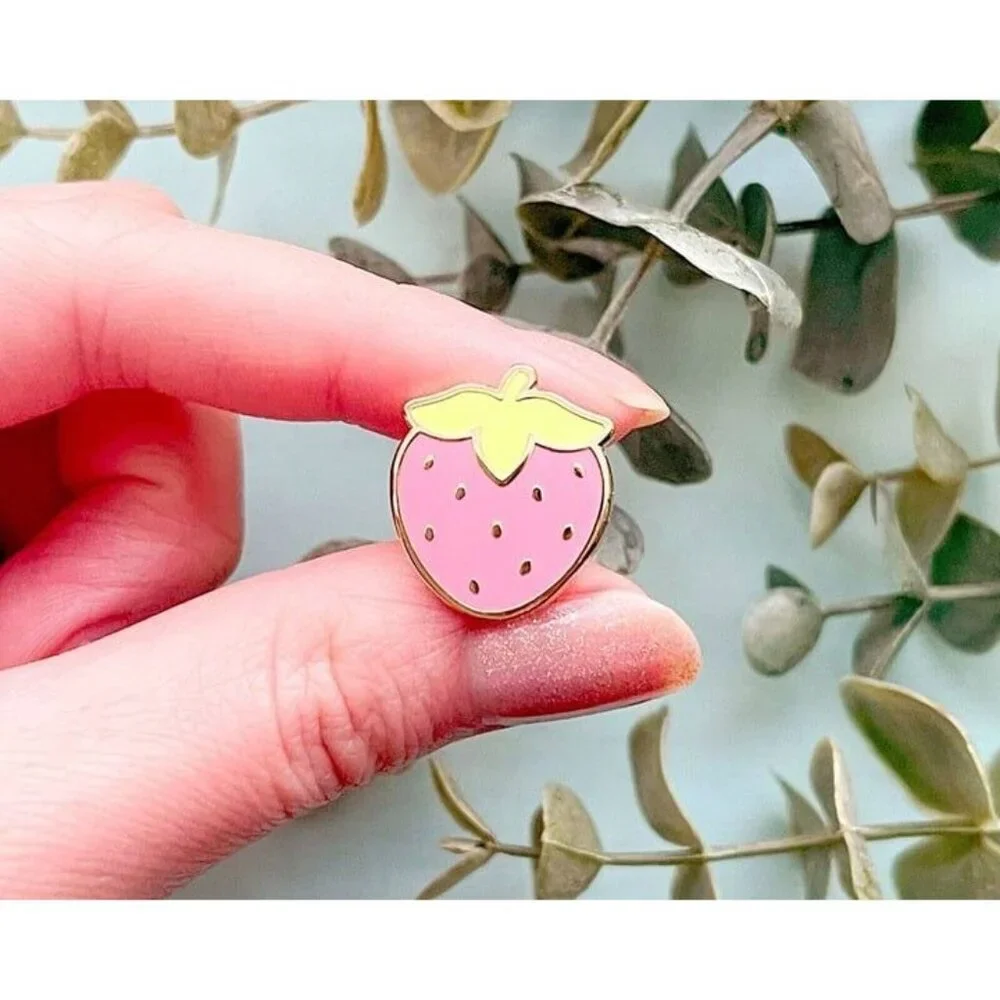 Mini Cute Strawberry Enamel Pin -‎ Gold Plated Food Lapel - Kawaii Jewelry
